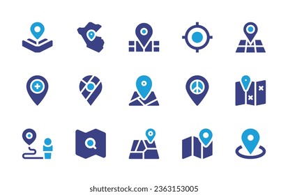 Map icon set. Duotone color. Vector illustration. Containing target, map, peru, library, locator, google maps, search, placeholder, destination.