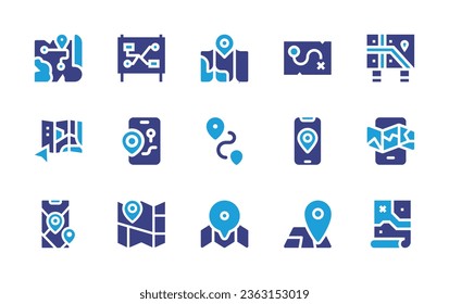 Map icon set. Duotone color. Vector illustration. Containing map, mobile map, treasure, city, maps, street.
