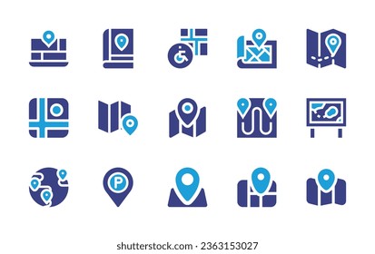 Map icon set. Duotone color. Vector illustration. Containing location, map, book, city, location, parking, travel.