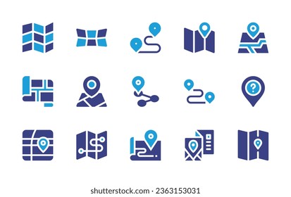 Map icon set. Duotone color. Vector illustration. Containing map, placeholder, finish, track, pin, route, travel guide.