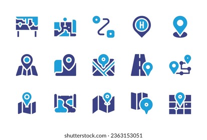 Kartensymbol eingestellt. Duotonfarbe. Vektorgrafik. Enthält Krankenhaus, Lage, Routing, Straße, Route, Karten, Stadtplan, Karte, Lage, Straße.
