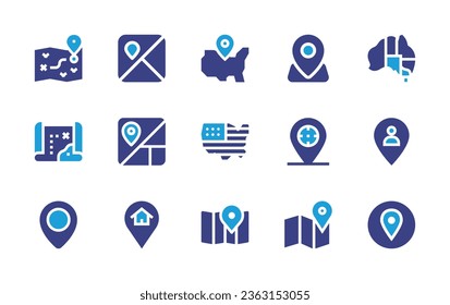 Map icon set. Duotone color. Vector illustration. Containing gps, australia, united states of america, pointer, placeholder, usa, treasure map, map, pin, location pin.