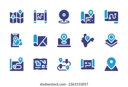 Map icon set. Duotone color. Vector illustration. Containing map, treasure map, pin, india, location, navigation, location pointer, gps, route.