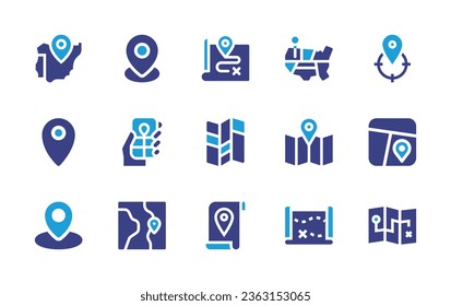 Map icon set. Duotone color. Vector illustration. Containing map, target, spain, gps, pin, placeholder, treasure map.