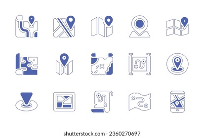Conjunto de iconos de mapa. Curso de línea de estilo duotónico y negrita. Ilustración vectorial. Conteniendo mapa, icono del mapa, ubicación, mapas, tesoro, mapa de alfileres, calle.