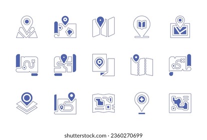 Map icon set. Duotone style line stroke and bold. Vector illustration. Containing placeholder, map, digital, treasure, location, pointer, route.