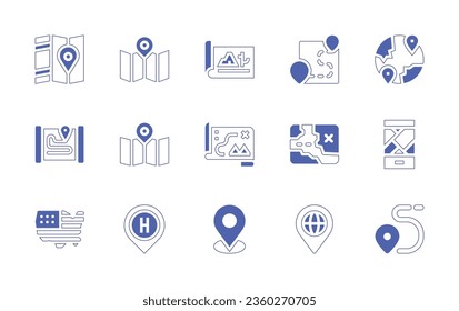 Map icon set. Duotone style line stroke and bold. Vector illustration. Containing usa, hospital, location, route, map.