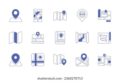 Map icon set. Duotone style line stroke and bold. Vector illustration. Containing placeholder, maps, map, marker, map book, gps, folded.