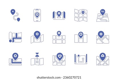 Map icon set. Duotone style line stroke and bold. Vector illustration. Containing map, mobile, street, map location, city.