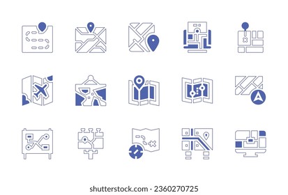 Map icon set. Duotone style line stroke and bold. Vector illustration. Containing map, world map, city map.