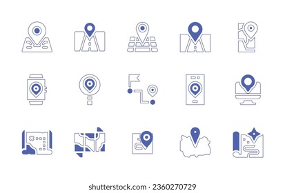 Map icon set. Duotone style line stroke and bold. Vector illustration. Containing location pin, street, location, placeholder, smartwatch, search, route, smartphone, computer, map.