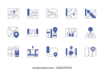 Map icon set. Duotone style line stroke and bold. Vector illustration. Containing treasure map, map, maps, map pin.