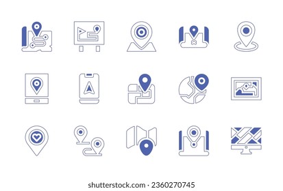 Conjunto de iconos de mapa. Curso de línea de estilo duotónico y negrita. Ilustración vectorial. Conteniendo mapa, ubicación, marcador de posición, gps, corazón, pista, geografía.