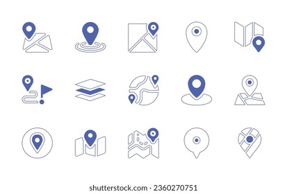 Map icon set. Duotone style line stroke and bold. Vector illustration. Containing map, location, google maps, pin, destination, architecture, worldwide, placeholder, map marker.