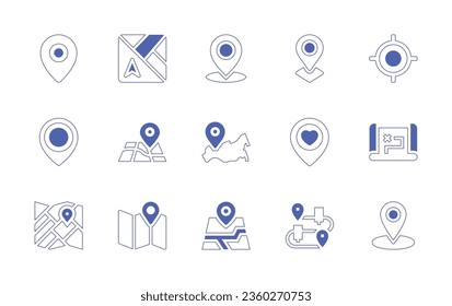 Map icon set. Duotone style line stroke and bold. Vector illustration. Containing location pin, map, location, gps, pin, placeholder, treasure map, street map, route.