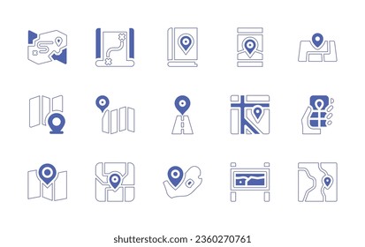 Map icon set. Duotone style line stroke and bold. Vector illustration. Containing map, book, mobile, maps, map sign.