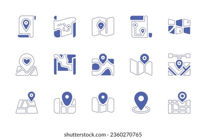 Map icon set. Duotone style line stroke and bold. Vector illustration. Containing map, maps, street map, city map, location.