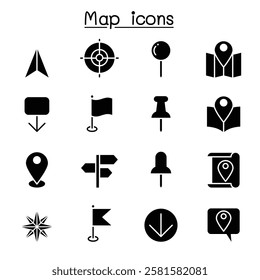 Map icon set in glyph style