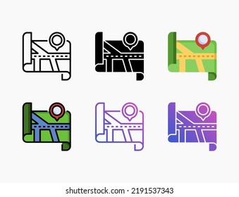 Map icon set with line, outline, flat, filled, glyph, color, gradient. Can be used for digital product, presentation, print design and more.