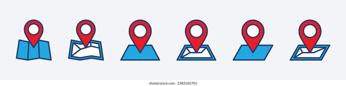 Map icon set. Map with location pin icon symbol. Map picture, map image icon collection. Vector illustration