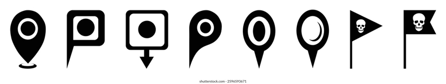 Map icon set. Set of pointers. Black map markers. Map pins. Navigation and location icons. Vector illustration.