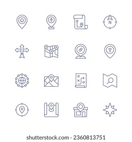 Map icon set. Thin line icon. Editable stroke. Containing casino, direction, global network, location, map, map location, maps, north, pharmacy, placeholder, planning, search, store, winds star.