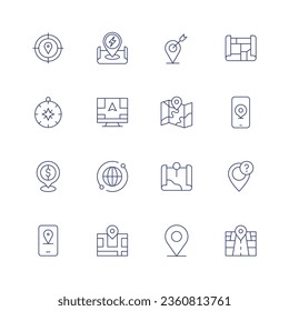 Map icon set. Thin line icon. Editable stroke. Containing aim, charging station, compass, direction, dollar, global, gps, location, map, map location, maps, phone, question, street map.