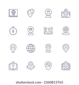 Map icon set. Thin line icon. Editable stroke. Containing atlas, clock, compass, dog, easter, globe grid, guide book, location, location pin, map, map marker, maps, placeholder, remove, street map.