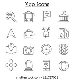Map icon set in thin line style