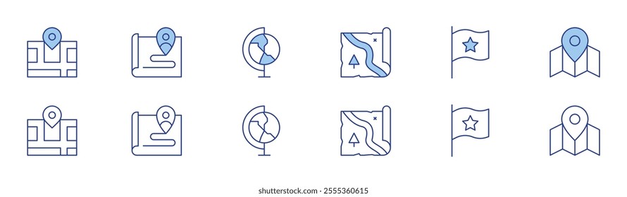 Map icon set in two styles, Duotone and Thin Line style. Editable stroke. location, map, customer journey, flag, earth.