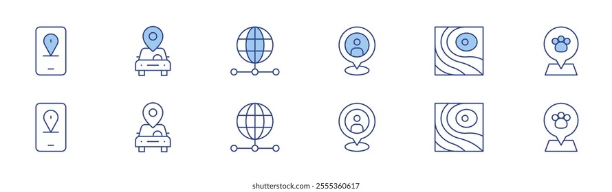 Map icon set in two styles, Duotone and Thin Line style. Editable stroke. gps, car sharing, server, location, map, dog.