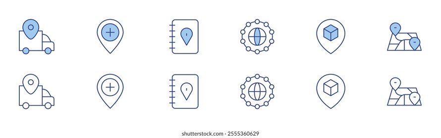 Map icon set in two styles, Duotone and Thin Line style. Editable stroke. global network, delivery, location, map, hospital, guide book.