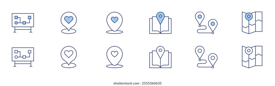 Map icon set in two styles, Duotone and Thin Line style. Editable stroke. guide book, route, map, map marker, street map.