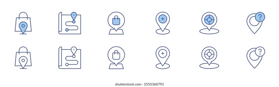 Map icon set in two styles, Duotone and Thin Line style. Editable stroke. shopping bag, map, location pin, placeholder, question.