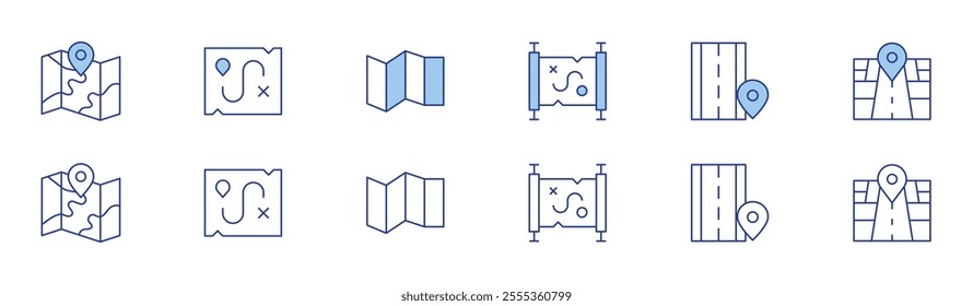 Map icon set in two styles, Duotone and Thin Line style. Editable stroke. map, treasure map, road, street map.