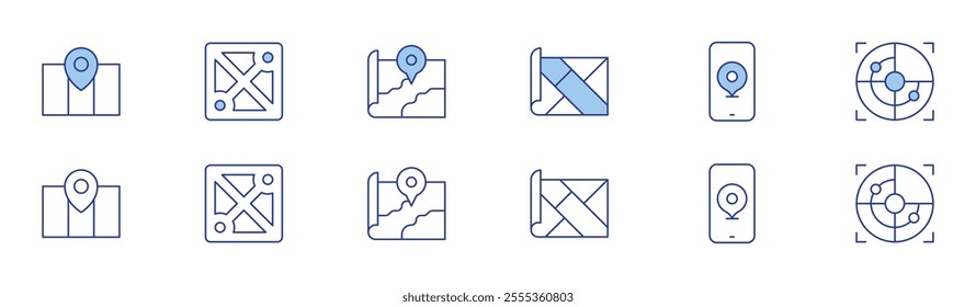 Map icon set in two styles, Duotone and Thin Line style. Editable stroke. map, phone, moba, radar.