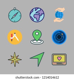 map icon set. vector set about radar, planet earth, monitor and wind rose icons set.