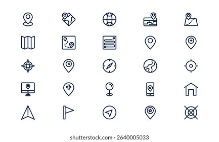 Map icon showing navigation, route direction, and geographic location in outline style