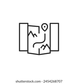 Map icon. Simple illustration of a folded map with a location pin, indicative of navigation, travel routes, and exploration. Vector illustration