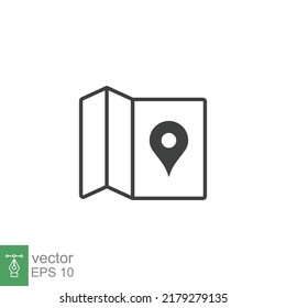 Icono de mapa. Estilo de contorno simple. Carretera, lugar, viaje, pin, punto de referencia, hallazgo, punto, papel, plano, viaje, concepto de marcador de calle. Ilustración de vectores aislada en fondo blanco Curso editable EPS 10