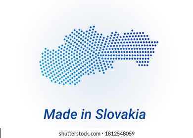 Map icon of Slovakia. Vector logo illustration with text Made in Slovakia. Blue halftone dots background. Round pixels. Modern digital graphic design. Light white backdrop