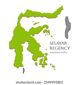 Map icon of Sulawesi Island with green Indonesian islands. Illustration of Selayar Islands Regency, South Sulawesi Province, Indonesia.