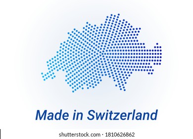 Map icon of Switzerland. Vector logo illustration with text Made in Switzerland. Blue halftone dots background. Round pixels. Modern digital graphic design. Light white backdrop