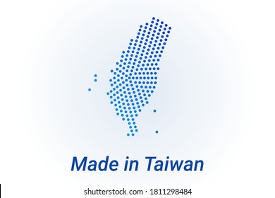 Map icon of Taiwan. Vector logo illustration with text Made in Taiwan. Blue halftone dots background. Round pixels. Modern digital graphic design. Light white backdrop