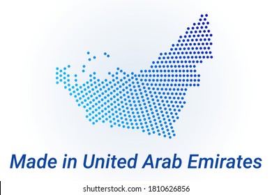 Map icon of United Arab Emirates. Vector logo illustration with text Made in United Arab Emirates. Blue halftone dots background. Round pixels. Modern digital graphic design. Light white backdrop