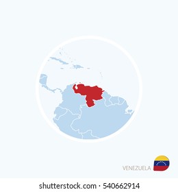 Map icon of Venezuela. Blue map of South America with highlighted Venezuela in red color. Vector Illustration.