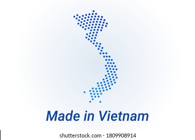 Icono de mapa de Vietnam. Ilustración del logo del vector con texto Hecho en Vietnam. Fondo de los puntos de media tonalidad azul. Píxeles redondos. Diseño gráfico digital moderno. Fondo blanco claro