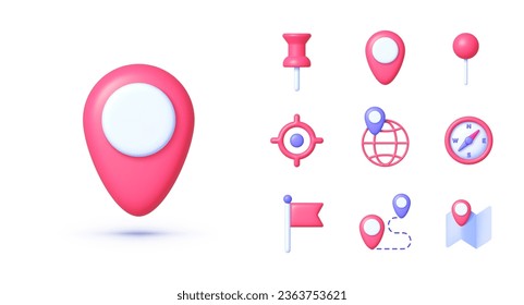 Iconos de mapas 3d set, gran diseño para cualquier propósito. Marcador de mapa, pin de ubicación, icono del pin de asignación. Conjunto de iconos del vector