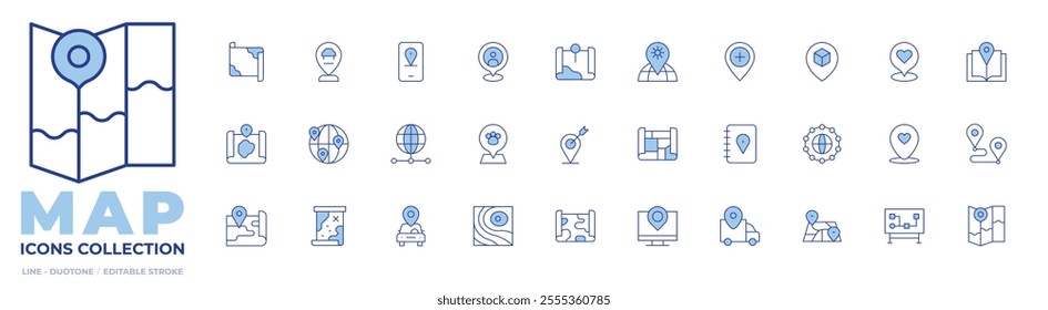 Map icons collection. Line Duotone style, editable stroke. gps, location, map, global network, placeholder, server, travel, hospital, meeting point, guide book, dog, maps.