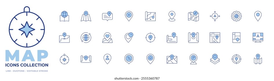 Map icons collection. Line Duotone style, editable stroke. global, map, location, map location, maps, speech bubble, navigation, book, map placeholder, clock, remove.